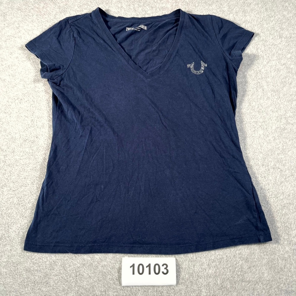 True Religion T Shirt Womens Medium Blue Cotton Rhinestone Logo V Neck Casual